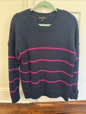 Banana Republic Men's Navy Crewneck Sweater with Bright Pink Stripes